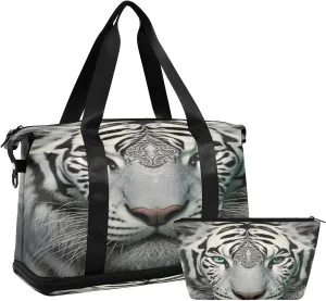 Kigai White Tiger with Green Eyes Gym Bag for Women & Men,Waterproof Weekender Overnight Bag with Shoes Compartment Sports Duffel Bag for Gym Yoga Swimming Camping