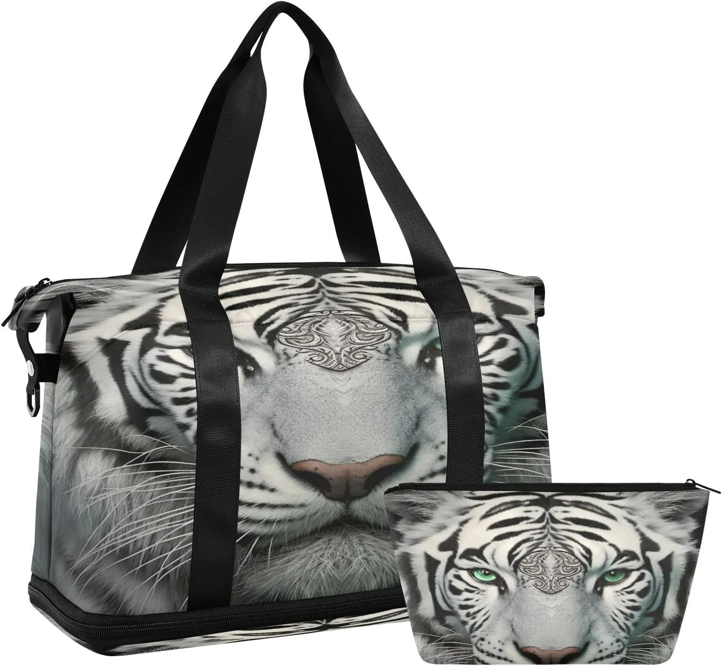 Kigai White Tiger with Green Eyes Gym Bag for Women & Men,Waterproof Weekender Overnight Bag with Shoes Compartment Sports Duffel Bag for Gym Yoga Swimming Camping
