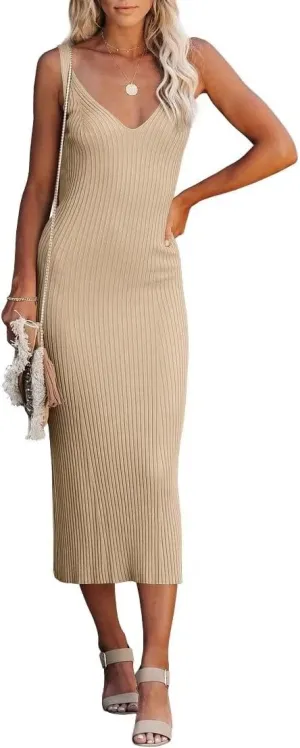 Lacozy Women's 2025 Summer Bodycon Midi Dress Sexy V-Neck Sleeveless Sweater Dress Casual Tank Top Dresses