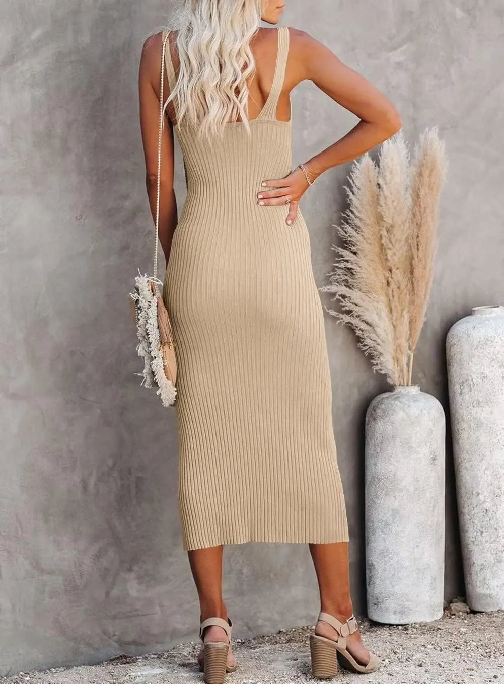 Lacozy Women's 2025 Summer Bodycon Midi Dress Sexy V-Neck Sleeveless Sweater Dress Casual Tank Top Dresses