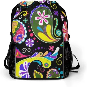 Large Capacity Drawstring Gym Backpack Sports Gym Bag for Women Men Compatible with Colorful Paisley Black Drawstring Backpack with Zipper Pockets and Waterproof Compartment