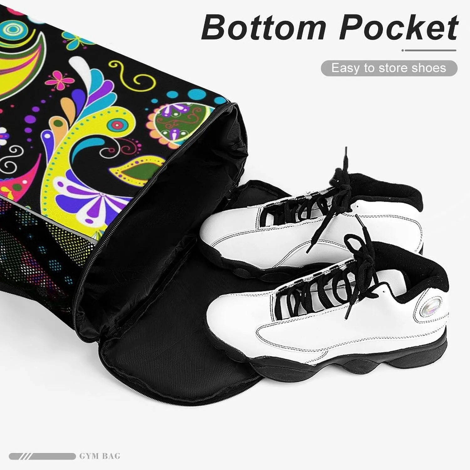 Large Capacity Drawstring Gym Backpack Sports Gym Bag for Women Men Compatible with Colorful Paisley Black Drawstring Backpack with Zipper Pockets and Waterproof Compartment