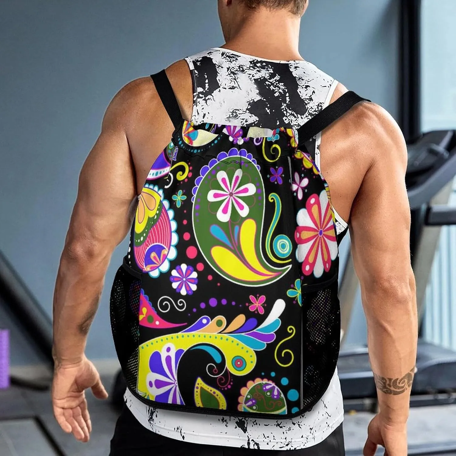 Large Capacity Drawstring Gym Backpack Sports Gym Bag for Women Men Compatible with Colorful Paisley Black Drawstring Backpack with Zipper Pockets and Waterproof Compartment