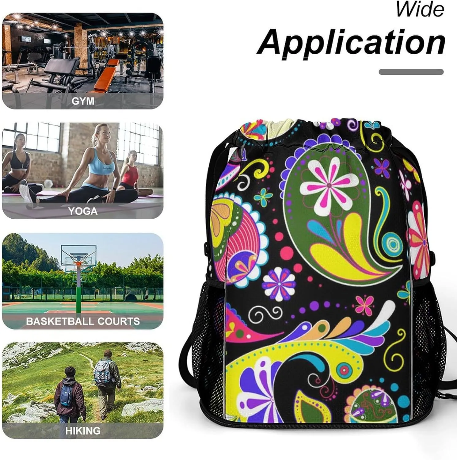 Large Capacity Drawstring Gym Backpack Sports Gym Bag for Women Men Compatible with Colorful Paisley Black Drawstring Backpack with Zipper Pockets and Waterproof Compartment