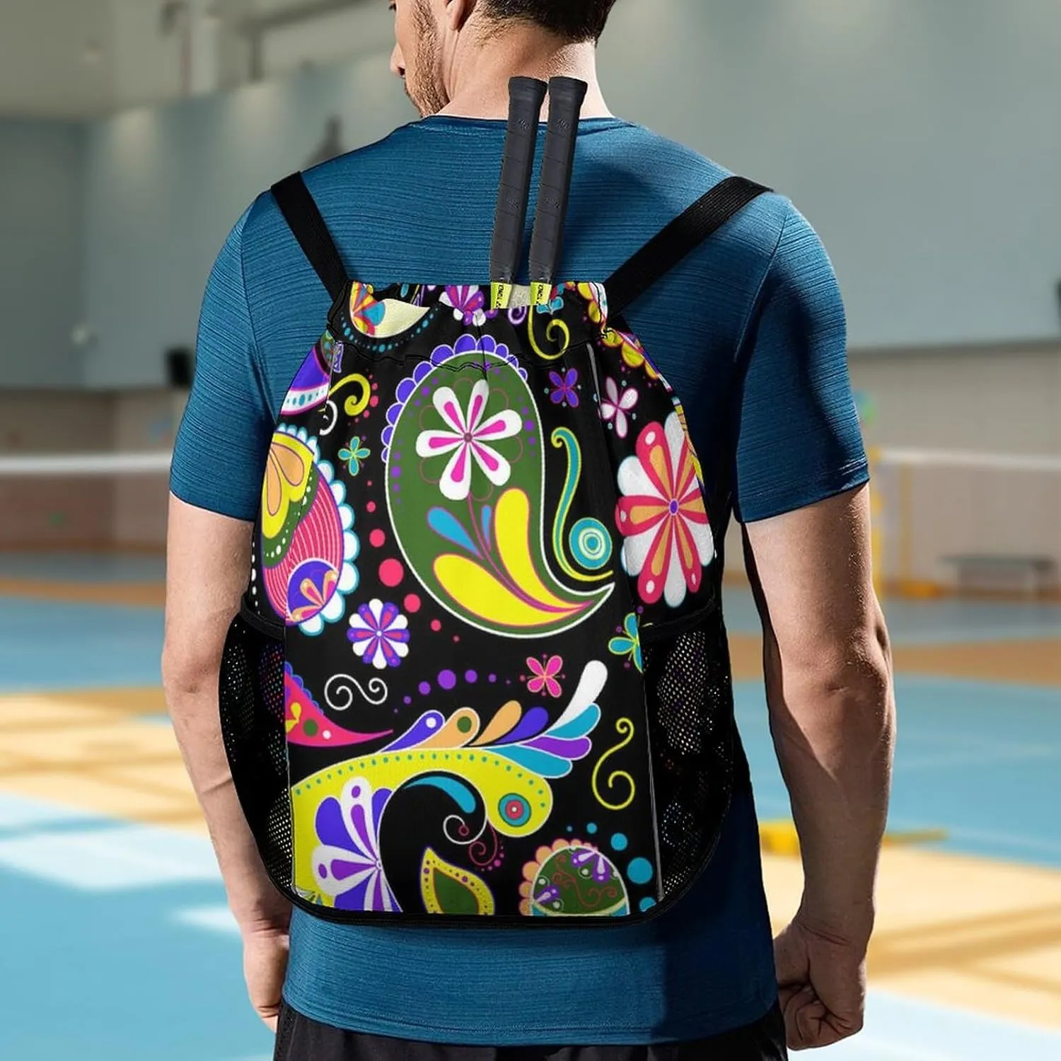 Large Capacity Drawstring Gym Backpack Sports Gym Bag for Women Men Compatible with Colorful Paisley Black Drawstring Backpack with Zipper Pockets and Waterproof Compartment