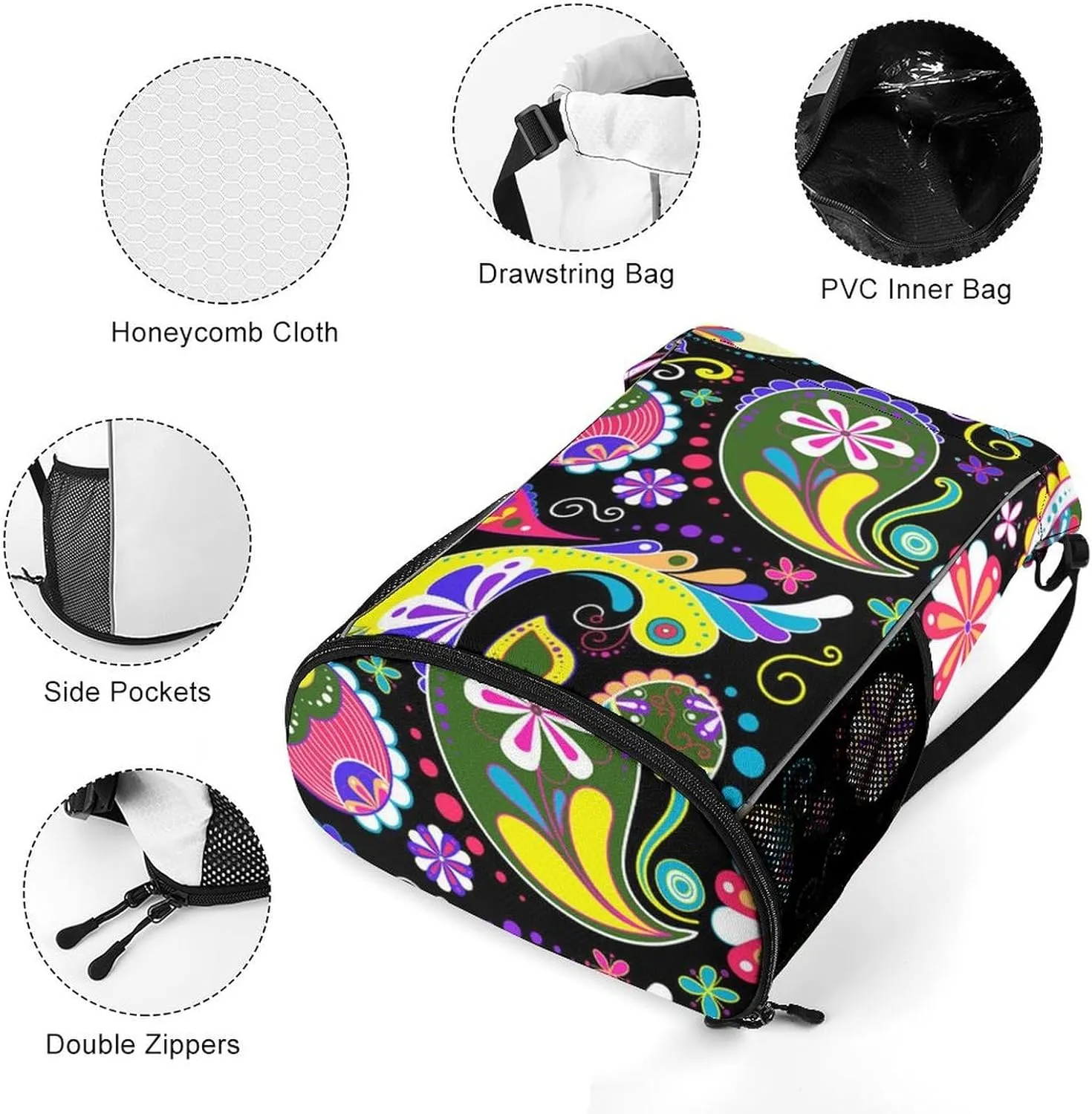 Large Capacity Drawstring Gym Backpack Sports Gym Bag for Women Men Compatible with Colorful Paisley Black Drawstring Backpack with Zipper Pockets and Waterproof Compartment