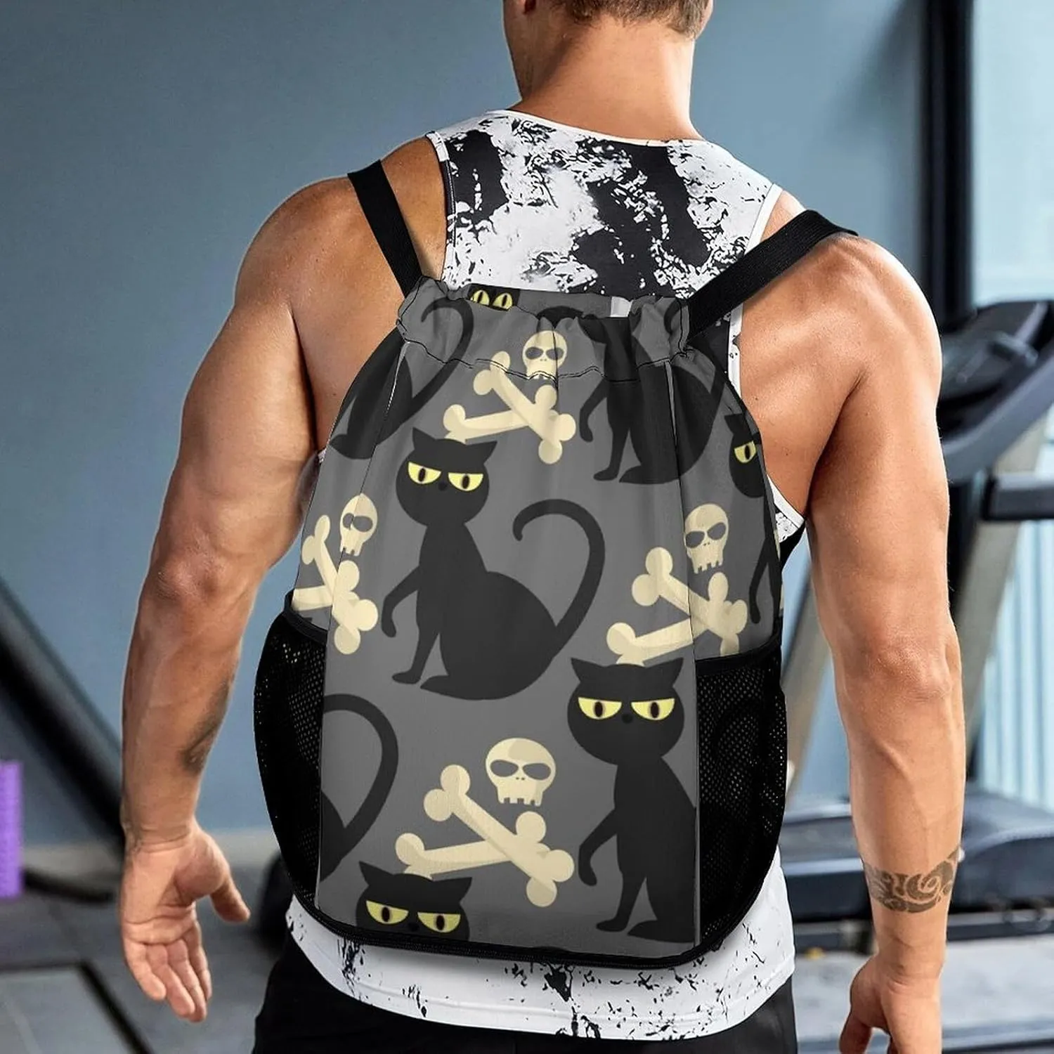 Large Capacity Drawstring Gym Backpack Sports Gym Bag for Women Men Compatible with Skulls Drawstring Backpack with Zipper Pockets and Waterproof Compartment