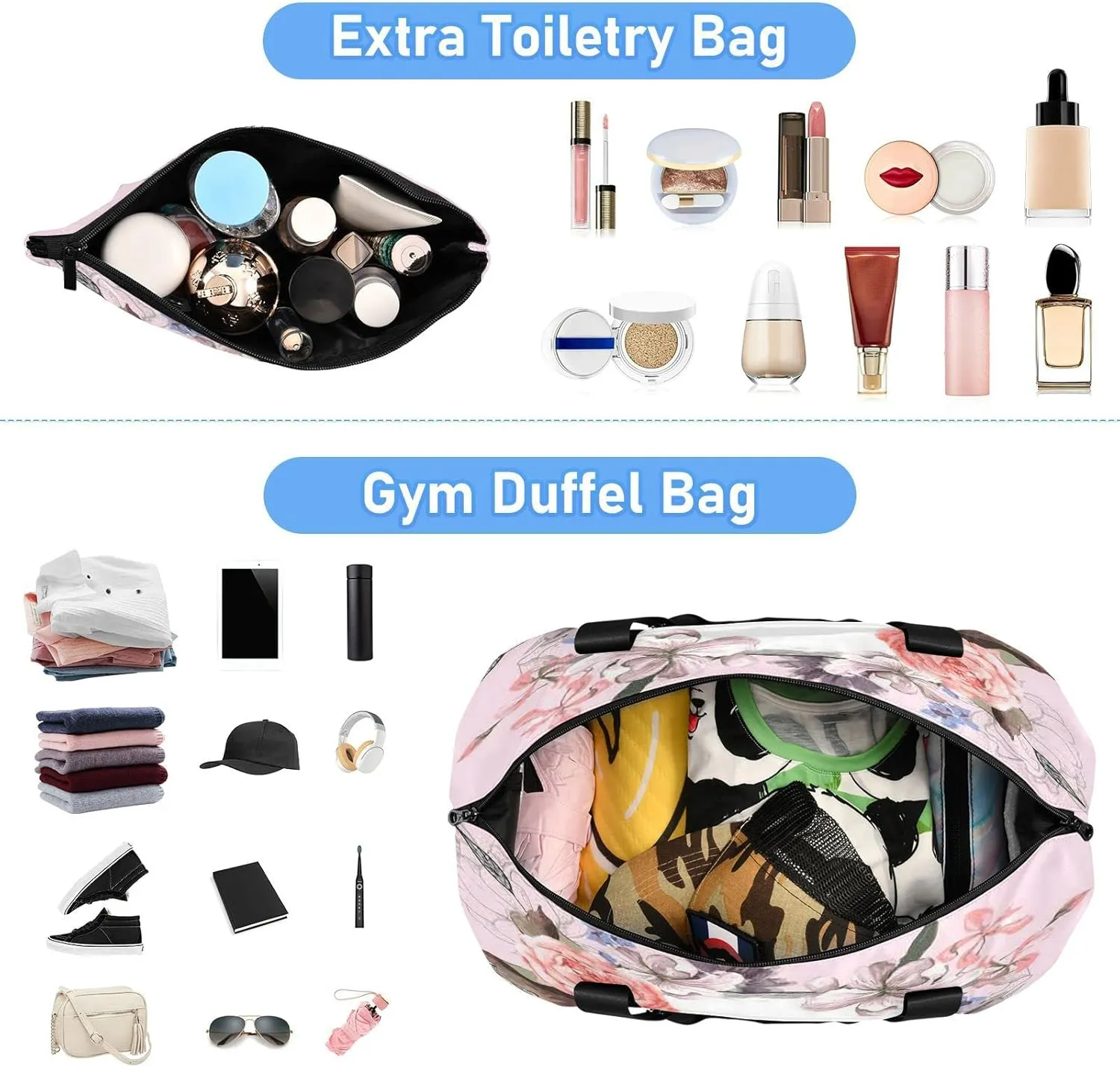 Large Gym Bag Flower Print Sports Travel Duffel Bag,Weekender Overnight Bag with Wet Pocket and Shoes Compartment for Women Girls Travel, Gym, Yoga, School,014