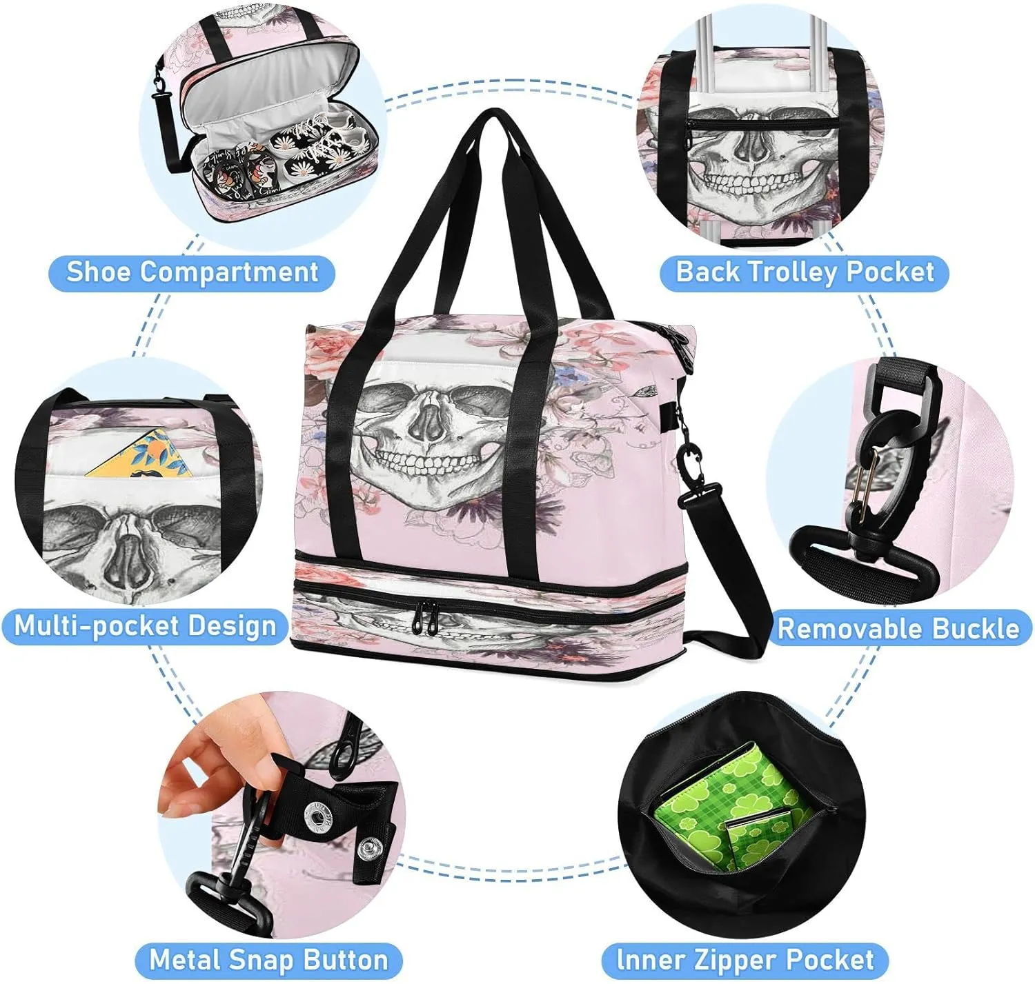 Large Gym Bag Flower Print Sports Travel Duffel Bag,Weekender Overnight Bag with Wet Pocket and Shoes Compartment for Women Girls Travel, Gym, Yoga, School,014