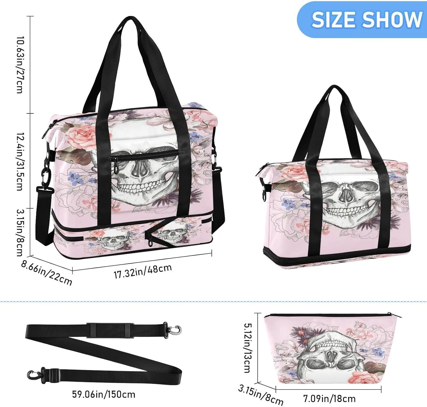 Large Gym Bag Flower Print Sports Travel Duffel Bag,Weekender Overnight Bag with Wet Pocket and Shoes Compartment for Women Girls Travel, Gym, Yoga, School,014