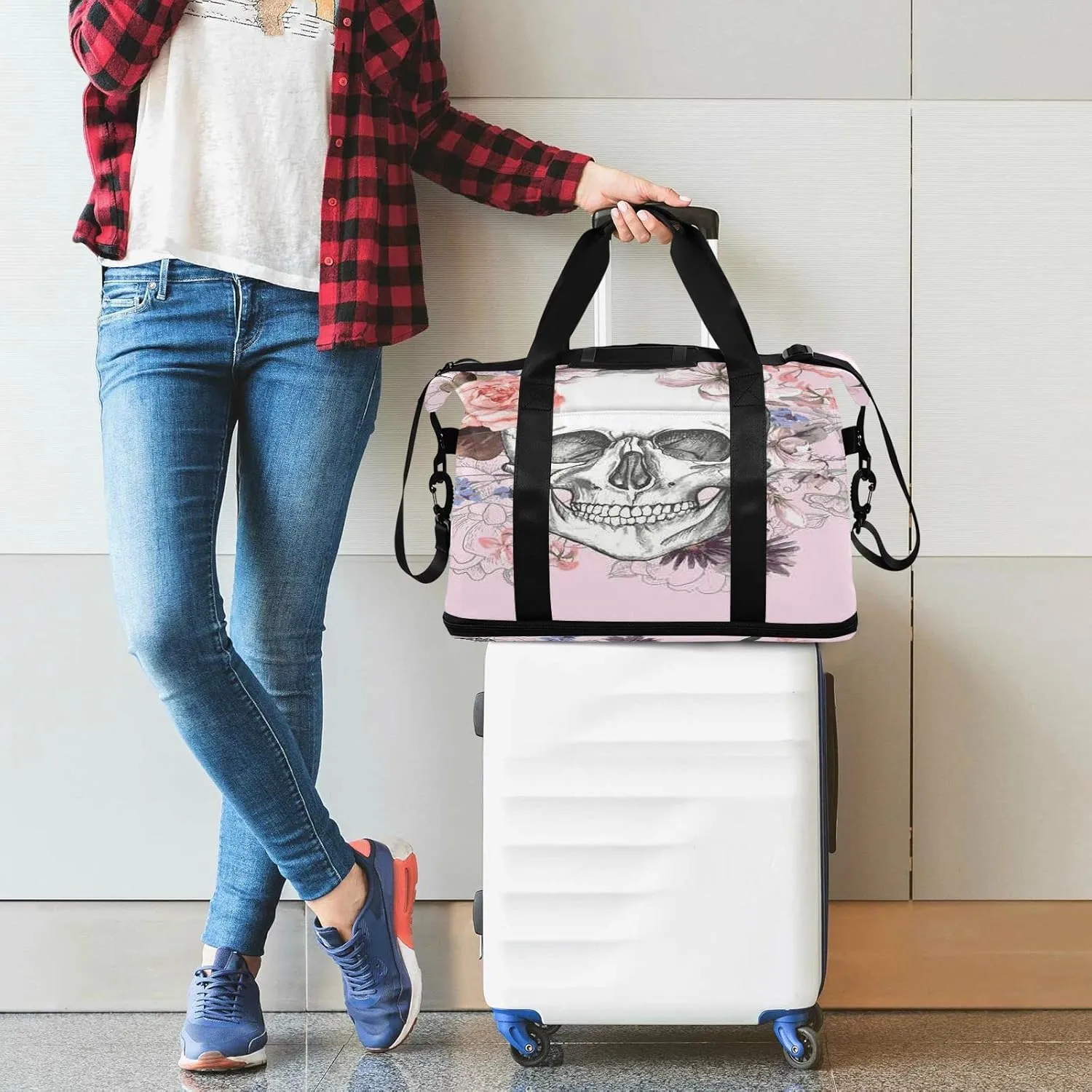 Large Gym Bag Flower Print Sports Travel Duffel Bag,Weekender Overnight Bag with Wet Pocket and Shoes Compartment for Women Girls Travel, Gym, Yoga, School,014