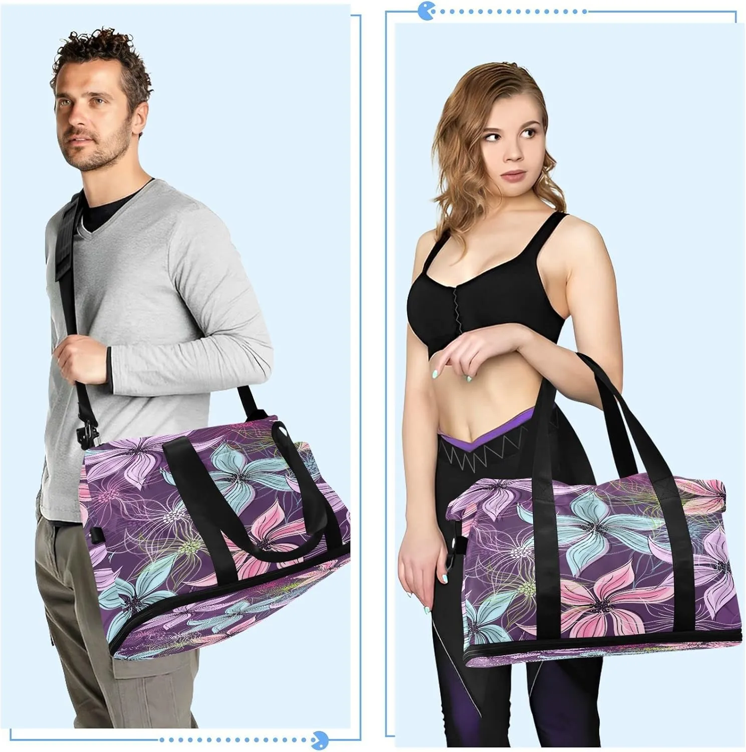 Large Gym Bag Flower Print Sports Travel Duffel Bag,Weekender Overnight Bag with Wet Pocket and Shoes Compartment for Women Girls Travel, Gym, Yoga, School,1