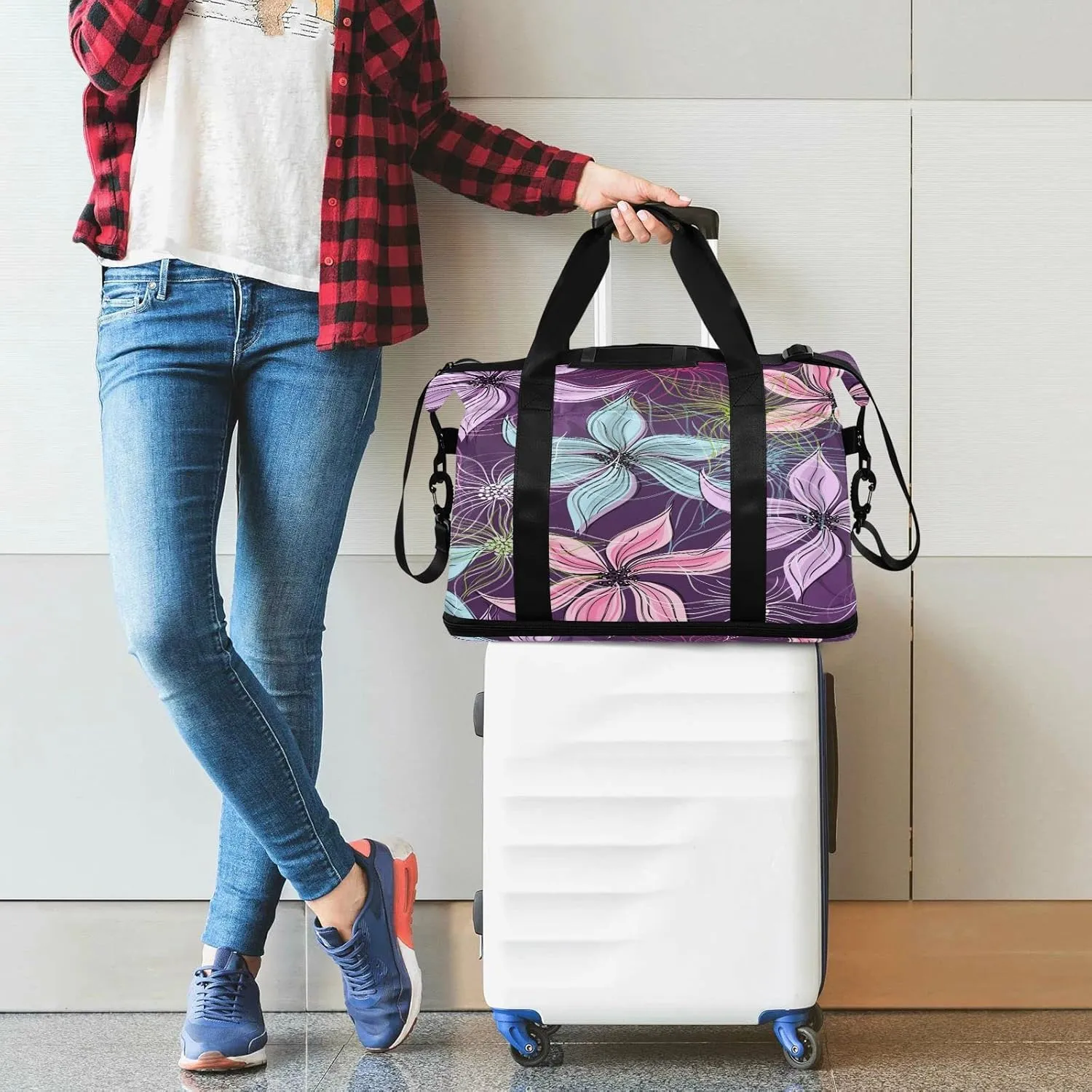Large Gym Bag Flower Print Sports Travel Duffel Bag,Weekender Overnight Bag with Wet Pocket and Shoes Compartment for Women Girls Travel, Gym, Yoga, School,1