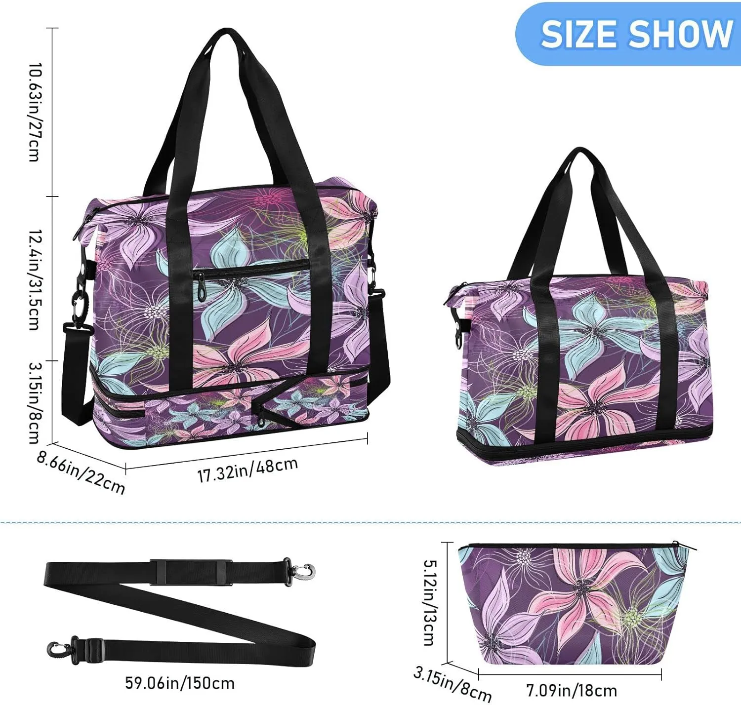Large Gym Bag Flower Print Sports Travel Duffel Bag,Weekender Overnight Bag with Wet Pocket and Shoes Compartment for Women Girls Travel, Gym, Yoga, School,1