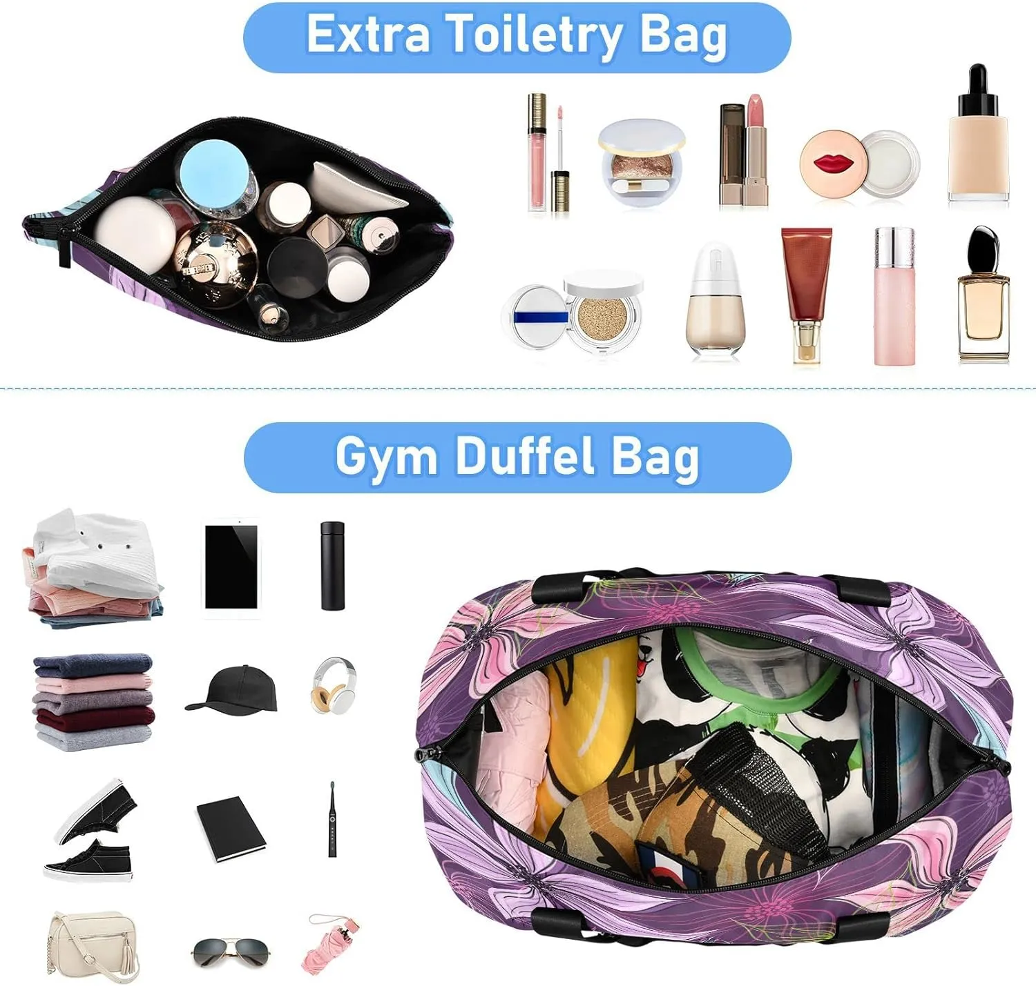 Large Gym Bag Flower Print Sports Travel Duffel Bag,Weekender Overnight Bag with Wet Pocket and Shoes Compartment for Women Girls Travel, Gym, Yoga, School,1