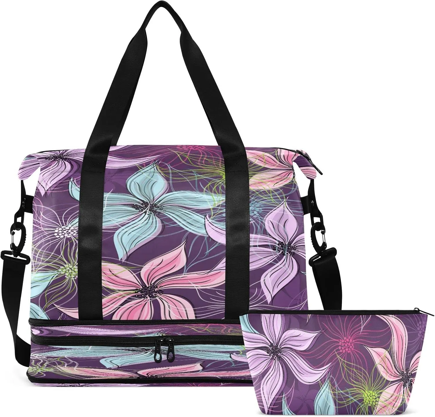 Large Gym Bag Flower Print Sports Travel Duffel Bag,Weekender Overnight Bag with Wet Pocket and Shoes Compartment for Women Girls Travel, Gym, Yoga, School,1