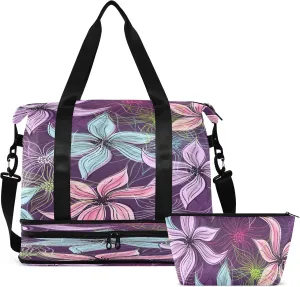 Large Gym Bag Flower Print Sports Travel Duffel Bag,Weekender Overnight Bag with Wet Pocket and Shoes Compartment for Women Girls Travel, Gym, Yoga, School,1