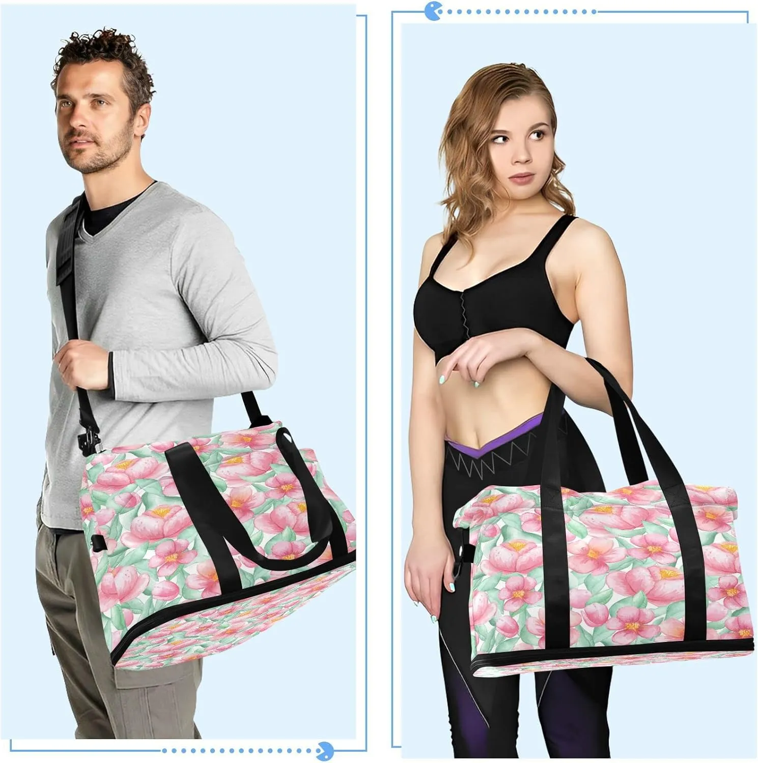 Large Gym Bag Flower Print Sports Travel Duffel Bag,Weekender Overnight Bag with Wet Pocket and Shoes Compartment for Women Girls Travel, Gym, Yoga, School,6