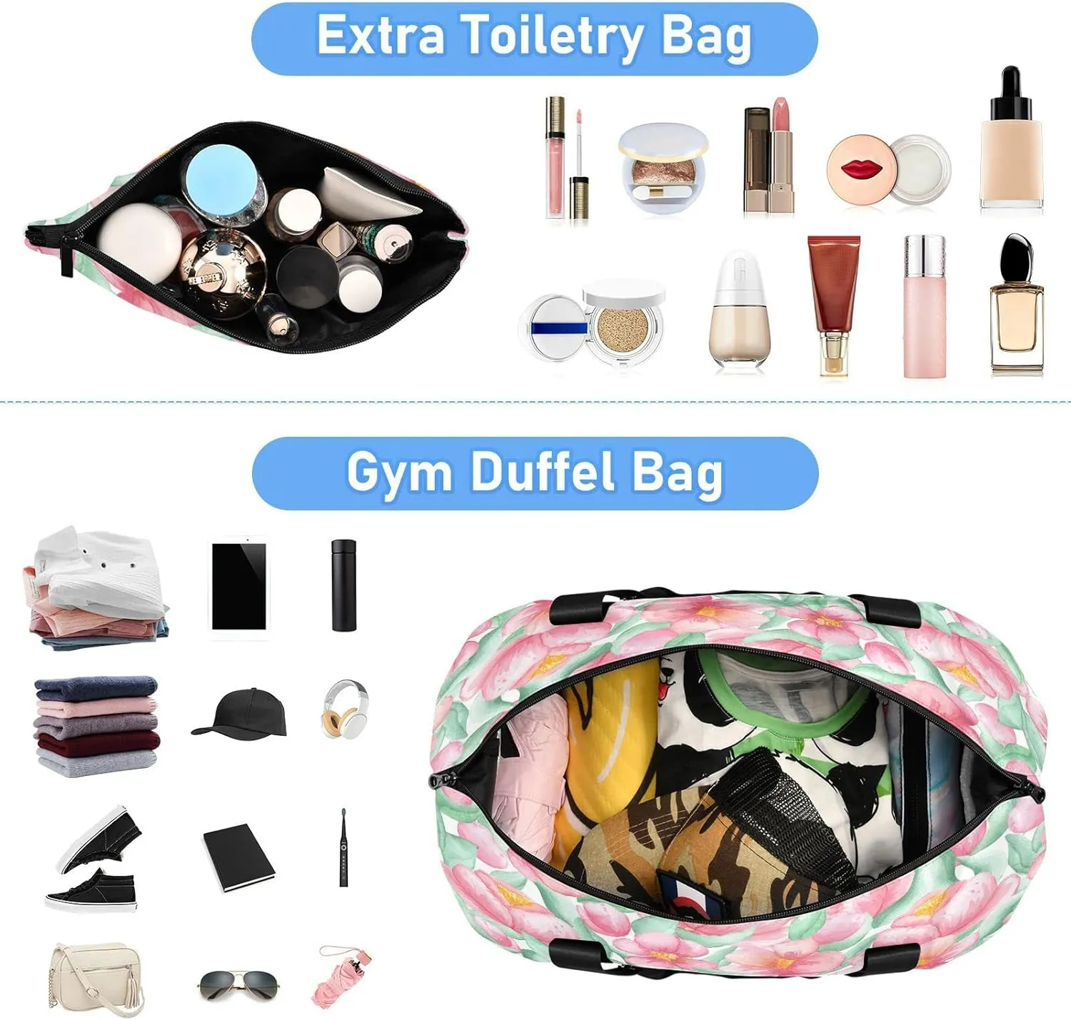 Large Gym Bag Flower Print Sports Travel Duffel Bag,Weekender Overnight Bag with Wet Pocket and Shoes Compartment for Women Girls Travel, Gym, Yoga, School,6