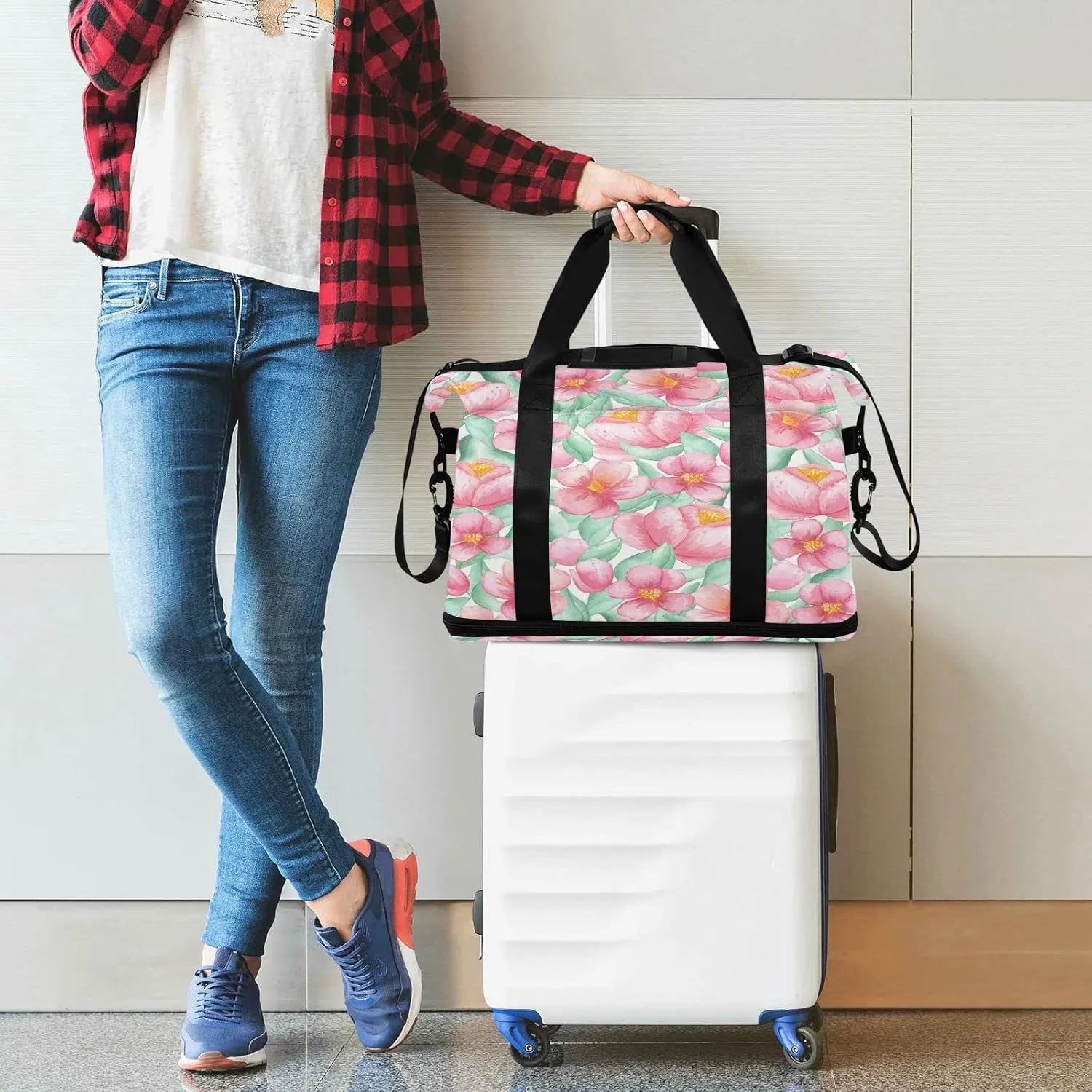 Large Gym Bag Flower Print Sports Travel Duffel Bag,Weekender Overnight Bag with Wet Pocket and Shoes Compartment for Women Girls Travel, Gym, Yoga, School,6