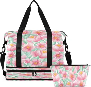 Large Gym Bag Flower Print Sports Travel Duffel Bag,Weekender Overnight Bag with Wet Pocket and Shoes Compartment for Women Girls Travel, Gym, Yoga, School,6