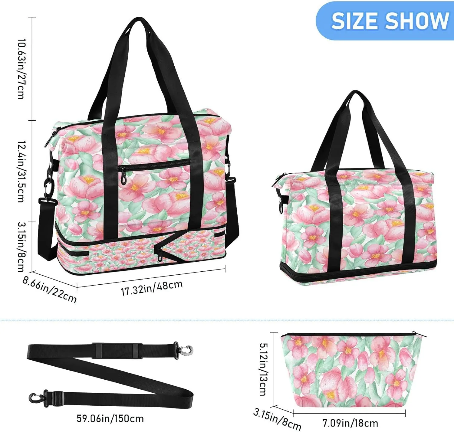 Large Gym Bag Flower Print Sports Travel Duffel Bag,Weekender Overnight Bag with Wet Pocket and Shoes Compartment for Women Girls Travel, Gym, Yoga, School,6