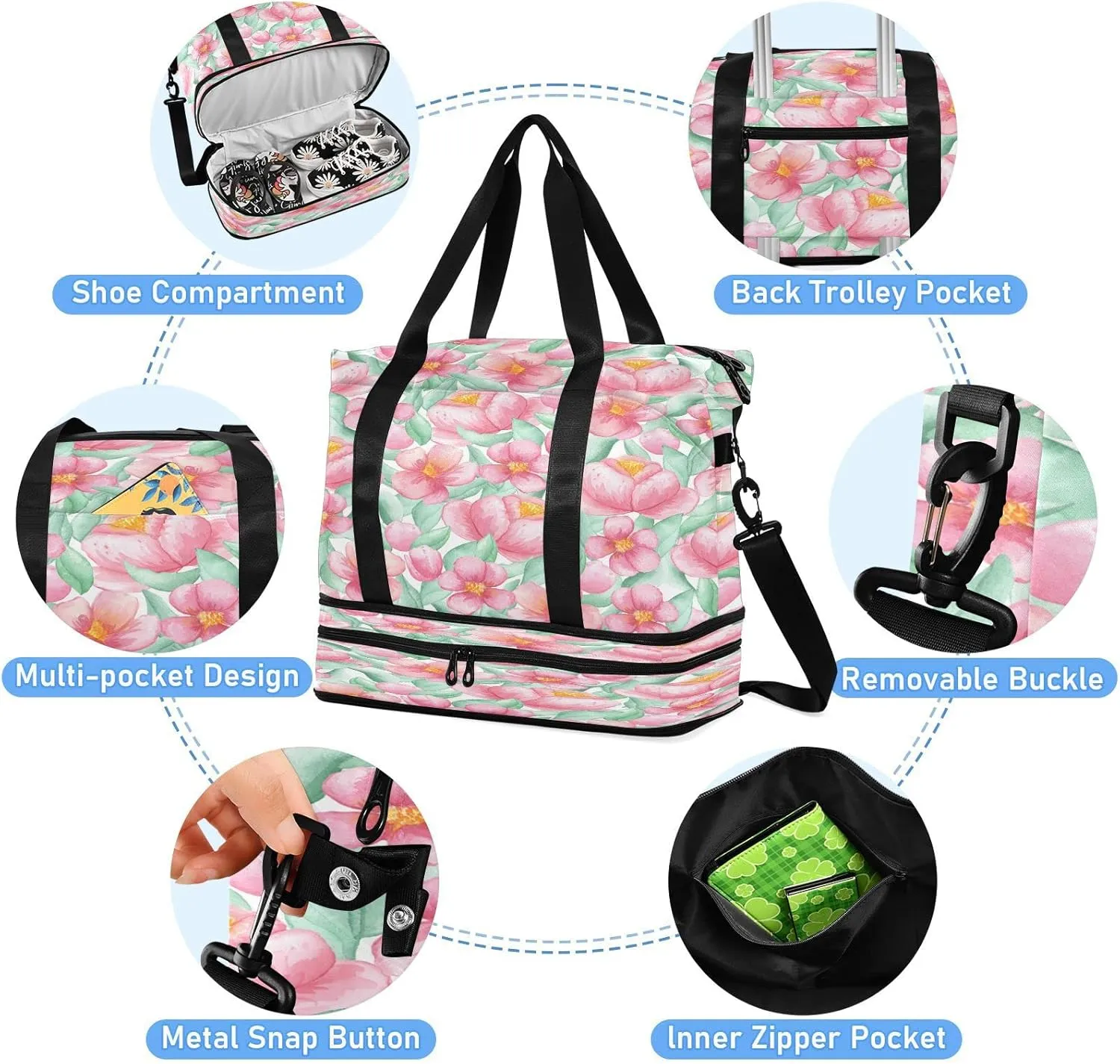 Large Gym Bag Flower Print Sports Travel Duffel Bag,Weekender Overnight Bag with Wet Pocket and Shoes Compartment for Women Girls Travel, Gym, Yoga, School,6