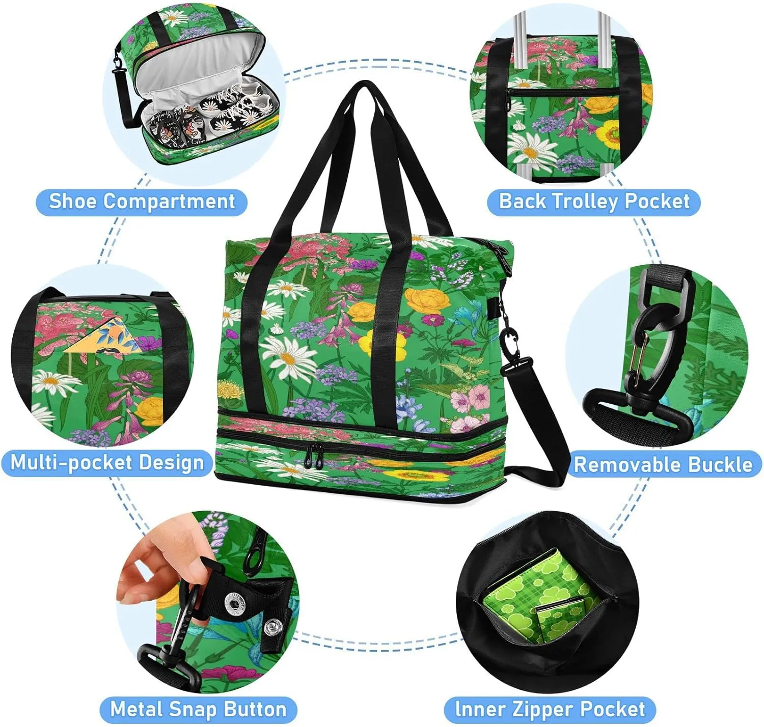 Large Gym Bag Flower Print Sports Travel Duffel Bag,Weekender Overnight Bag with Wet Pocket and Shoes Compartment for Women Girls Travel, Gym, Yoga, School,9
