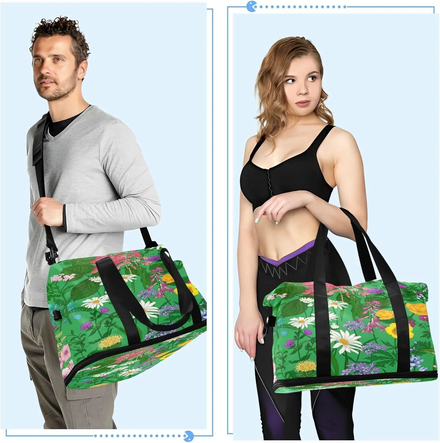 Large Gym Bag Flower Print Sports Travel Duffel Bag,Weekender Overnight Bag with Wet Pocket and Shoes Compartment for Women Girls Travel, Gym, Yoga, School,9