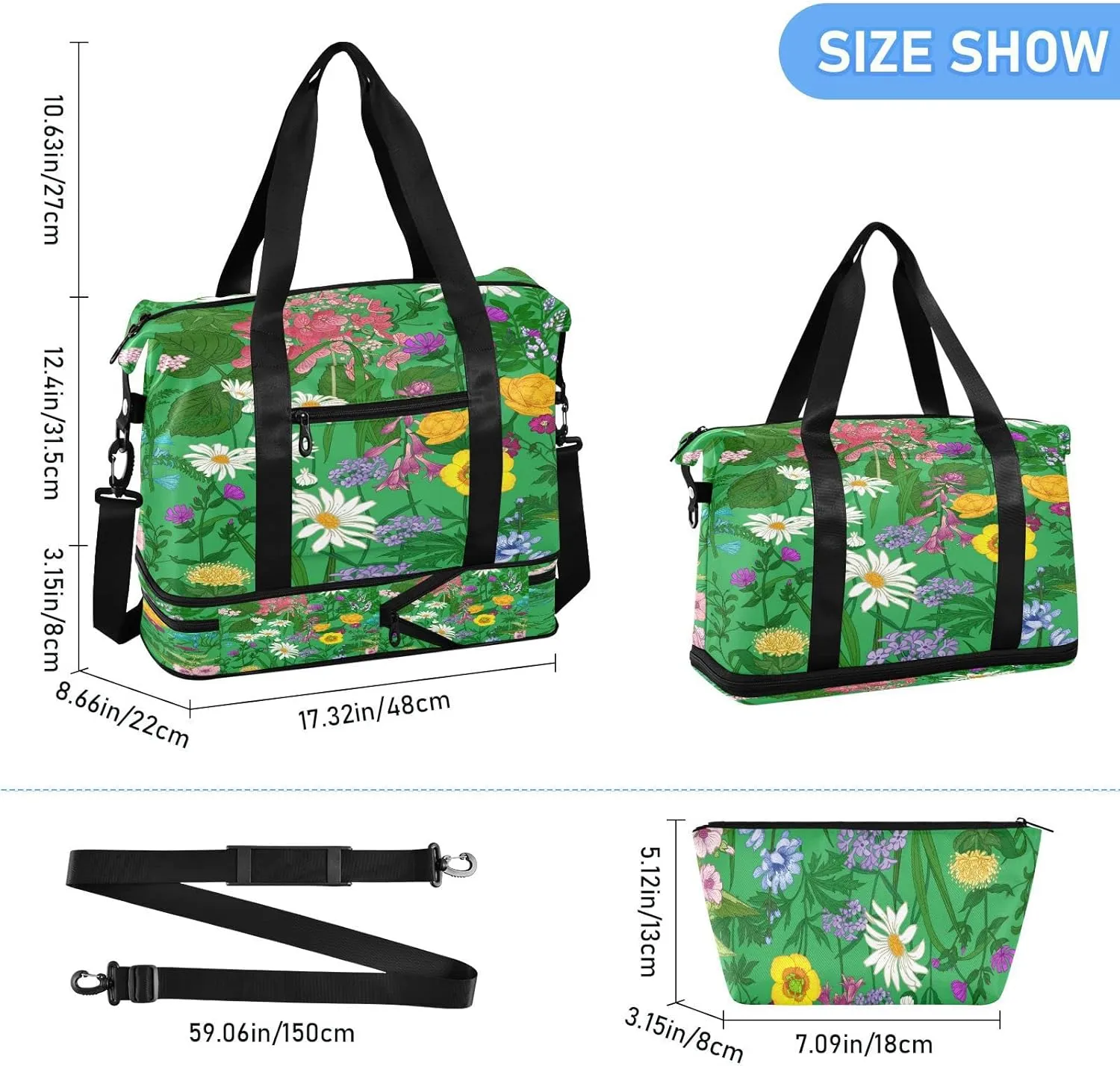 Large Gym Bag Flower Print Sports Travel Duffel Bag,Weekender Overnight Bag with Wet Pocket and Shoes Compartment for Women Girls Travel, Gym, Yoga, School,9