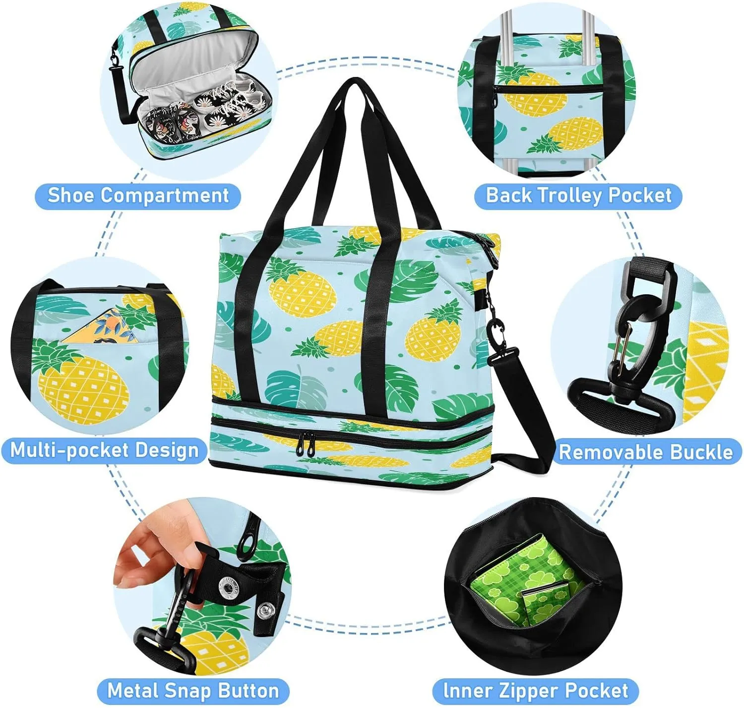 Large Gym Bag Tropical Palm Leaf Sports Travel Duffel Bag,Weekender Overnight Bag with Wet Pocket and Shoes Compartment for Women Girls Travel, Gym, Yoga, School