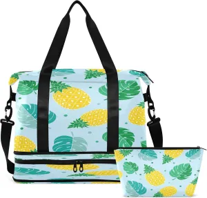 Large Gym Bag Tropical Palm Leaf Sports Travel Duffel Bag,Weekender Overnight Bag with Wet Pocket and Shoes Compartment for Women Girls Travel, Gym, Yoga, School