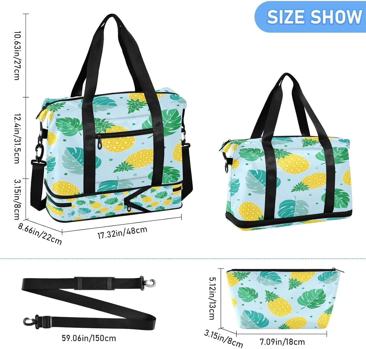 Large Gym Bag Tropical Palm Leaf Sports Travel Duffel Bag,Weekender Overnight Bag with Wet Pocket and Shoes Compartment for Women Girls Travel, Gym, Yoga, School