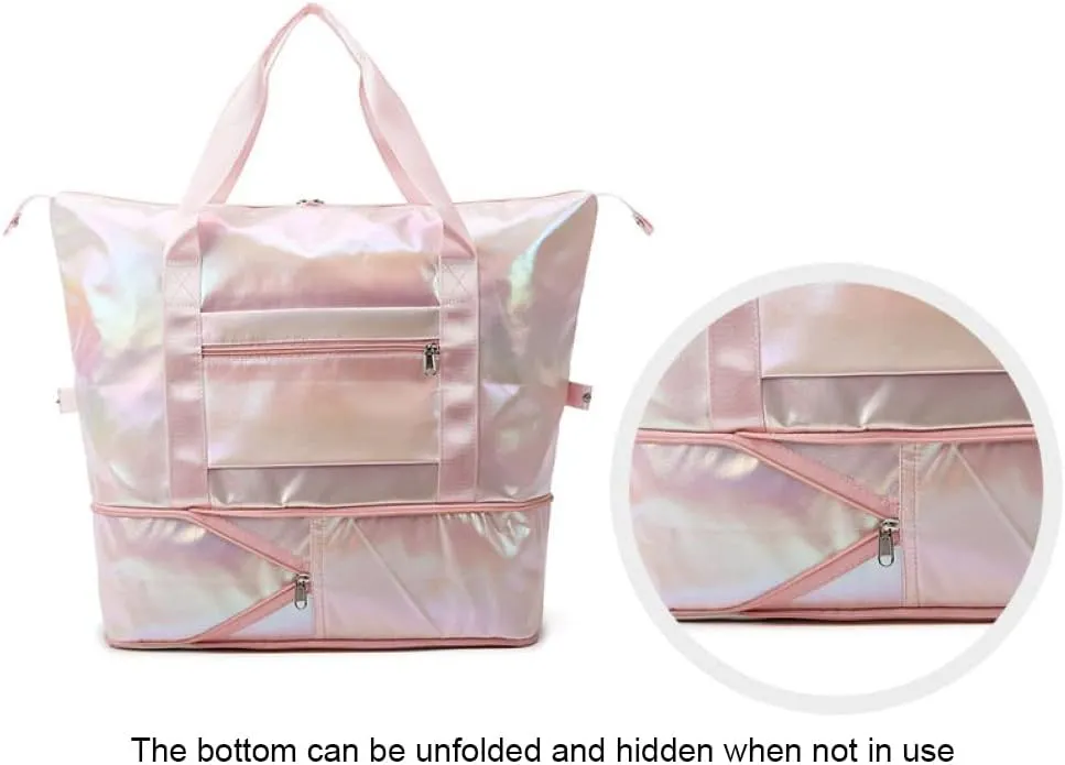 Laser Foldable Gym Bag for Women,Sports Travel Duffel Bag, Weekender Overnight Bag with Wet Pocket and Shoes Compartment for Women, Travel,Workout,Gym, Yoga G44 (Pink)