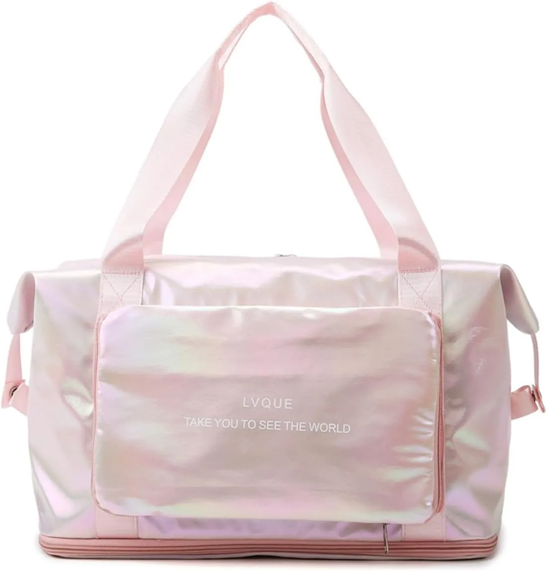 Laser Foldable Gym Bag for Women,Sports Travel Duffel Bag, Weekender Overnight Bag with Wet Pocket and Shoes Compartment for Women, Travel,Workout,Gym, Yoga G44 (Pink)