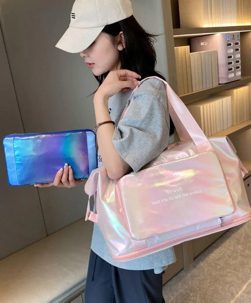 Laser Foldable Gym Bag for Women,Sports Travel Duffel Bag, Weekender Overnight Bag with Wet Pocket and Shoes Compartment for Women, Travel,Workout,Gym, Yoga G44 (Pink)