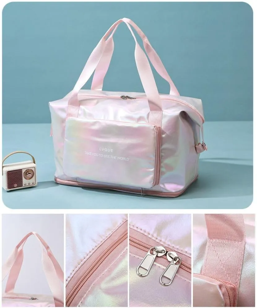 Laser Foldable Gym Bag for Women,Sports Travel Duffel Bag, Weekender Overnight Bag with Wet Pocket and Shoes Compartment for Women, Travel,Workout,Gym, Yoga G44 (Pink)