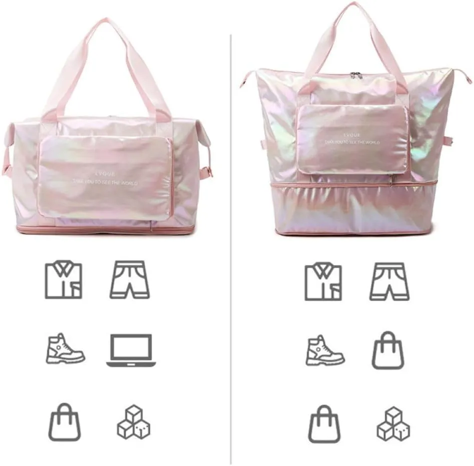 Laser Foldable Gym Bag for Women,Sports Travel Duffel Bag, Weekender Overnight Bag with Wet Pocket and Shoes Compartment for Women, Travel,Workout,Gym, Yoga G44 (Pink)