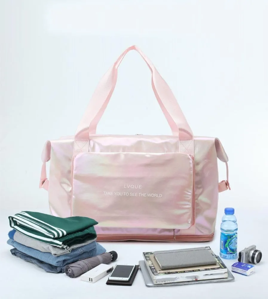 Laser Foldable Gym Bag for Women,Sports Travel Duffel Bag, Weekender Overnight Bag with Wet Pocket and Shoes Compartment for Women, Travel,Workout,Gym, Yoga G44 (Pink)
