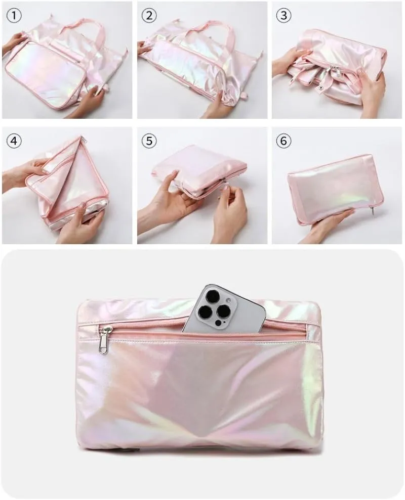 Laser Foldable Gym Bag for Women,Sports Travel Duffel Bag, Weekender Overnight Bag with Wet Pocket and Shoes Compartment for Women, Travel,Workout,Gym, Yoga G44 (Pink)