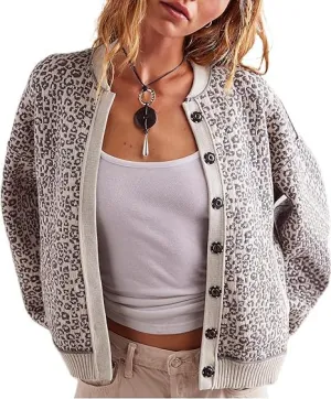 Leopard Print Cardigan Sweaters for Women Cheetah Long Sleeve Crew Neck Knit Top Open Front Button Up Cropped Jacket