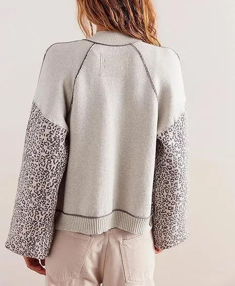 Leopard Print Cardigan Sweaters for Women Cheetah Long Sleeve Crew Neck Knit Top Open Front Button Up Cropped Jacket