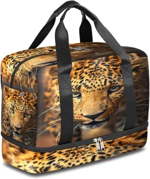 Leopard Print Sports Gym Bag with Shoes Compartment,Animal Print Travel Duffel Bag for Men Women Boys Girls Teens Overnight Weekend Yoga Workout Bag Training Handbag