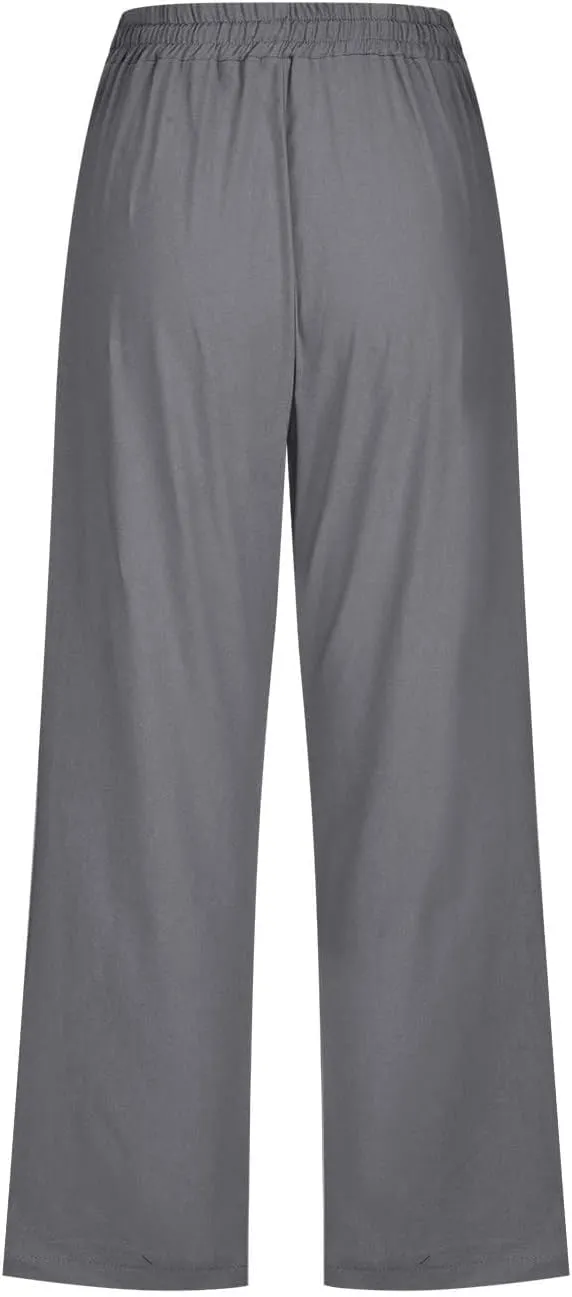 Linen Capri Pants for Women High Waisted Beach Pants Pull on Summer Pants Drawstring Loose Casual Pants with Pockets