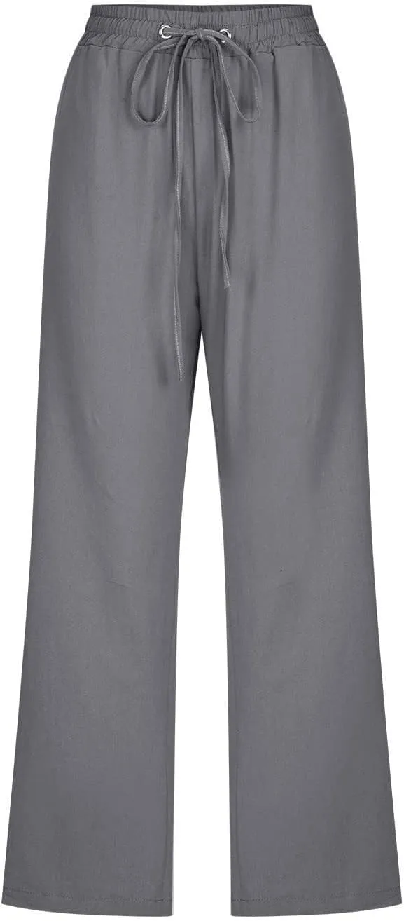 Linen Capri Pants for Women High Waisted Beach Pants Pull on Summer Pants Drawstring Loose Casual Pants with Pockets