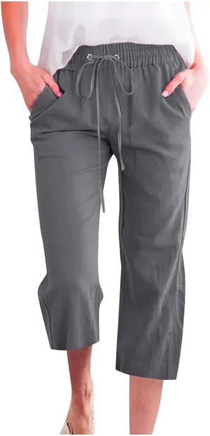 Linen Capri Pants for Women High Waisted Beach Pants Pull on Summer Pants Drawstring Loose Casual Pants with Pockets