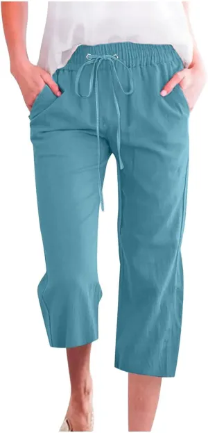 Linen Capri Pants for Women High Waisted Beach Pants Pull on Summer Pants Drawstring Loose Casual Pants with Pockets