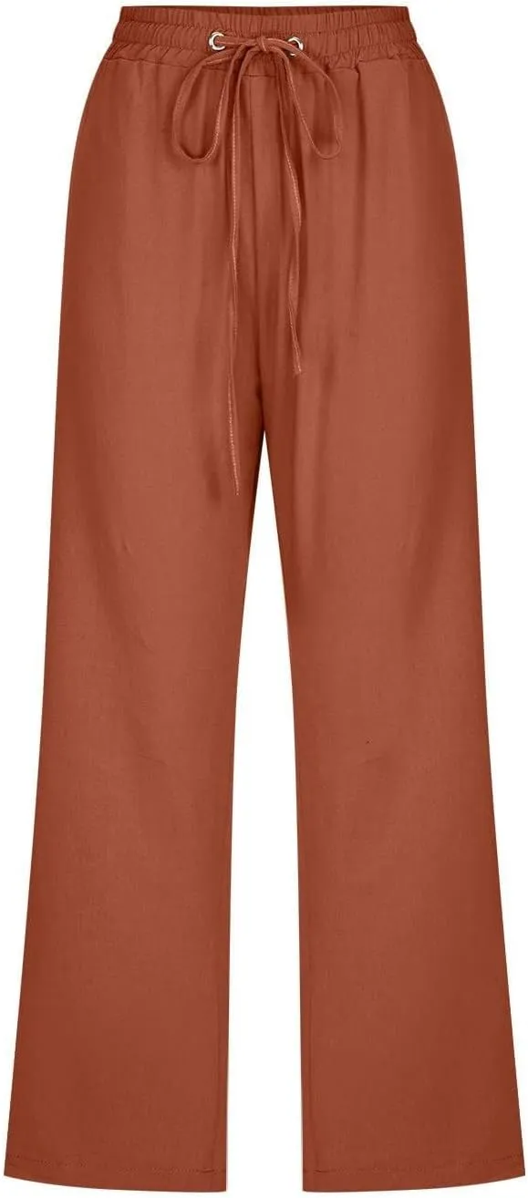 Linen Capri Pants for Women High Waisted Beach Pants Pull on Summer Pants Drawstring Loose Casual Pants with Pockets