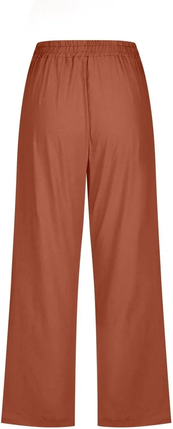 Linen Capri Pants for Women High Waisted Beach Pants Pull on Summer Pants Drawstring Loose Casual Pants with Pockets