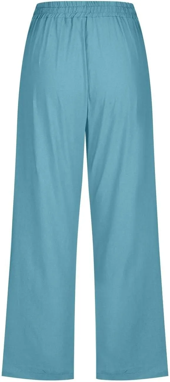 Linen Capri Pants for Women High Waisted Beach Pants Pull on Summer Pants Drawstring Loose Casual Pants with Pockets